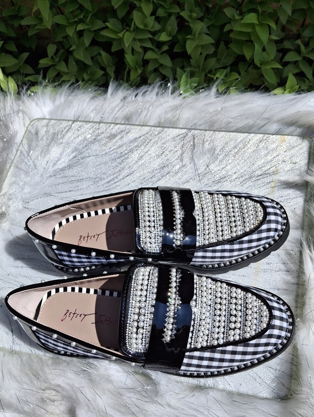 Betsey Johnson Darian Gingham Embellished Loafers Black & White Women Size 7 - Picture 6 of 16